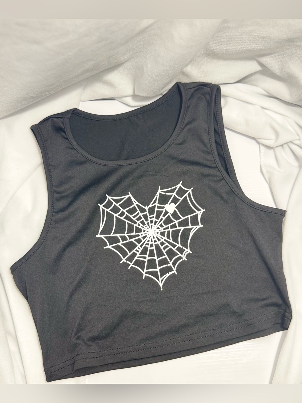SHEIN Black Crop Tank with White Spiderweb Heart Graphic